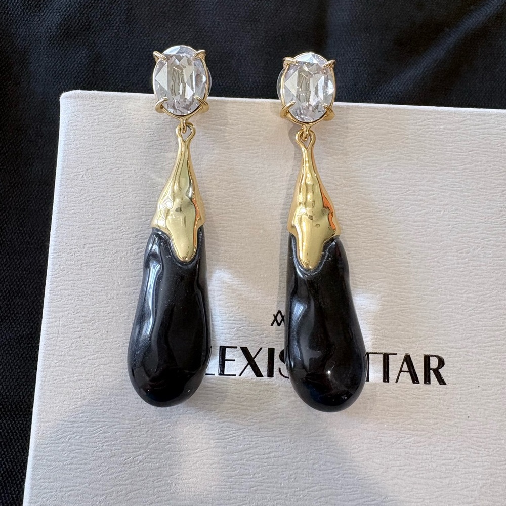 Alexis Bittar Black and Gold Lucite Asterales Crystal Drop Earrings LIKE NEW
